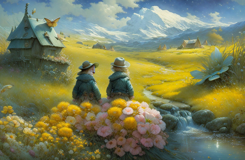 Two people in hats by stream in vibrant landscape with cottage and mountains.