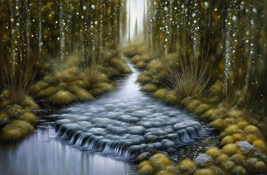 Snowy forest landscape with twinkling lights and gentle stream