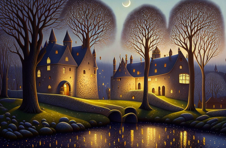 Enchanting fairytale castle by serene waters at night