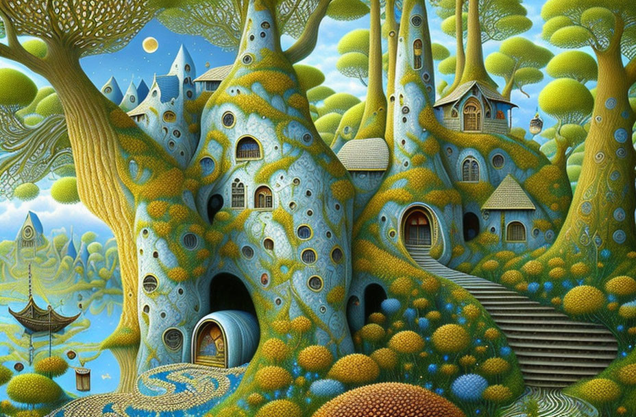 Whimsical tree-like houses in surreal landscape