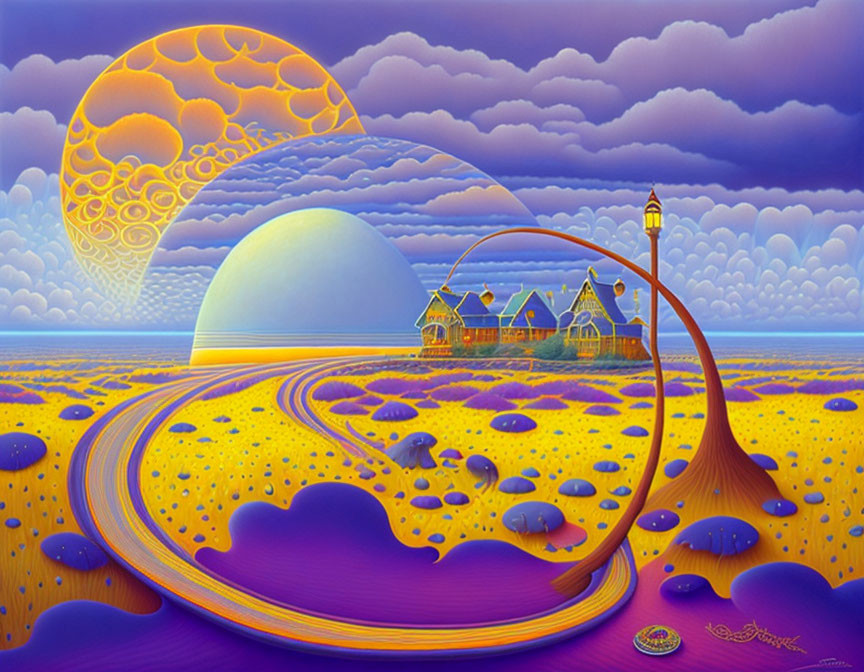 Surreal Yellow-Purple Landscape with Path, Houses, Mushrooms, Lighthouse, Celestial