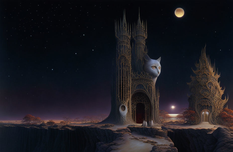 Cat-shaped castle in mystical nightscape under crescent moon