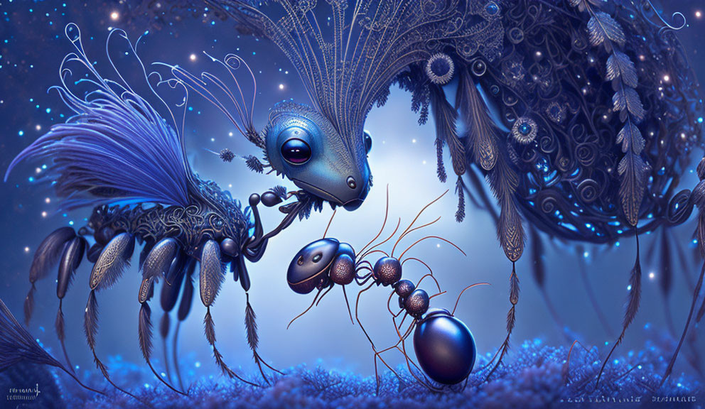 Fantastical Digital Art: Stylized Blue Ants Under Starry Night Sky