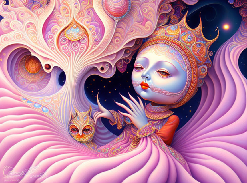 Colorful surreal illustration: stylized blue-skinned female with crown, owl, ornate tree