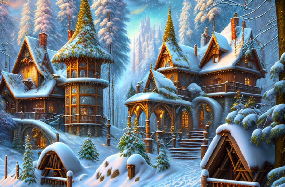 Picturesque Snow-Covered Fantasy Village at Twilight