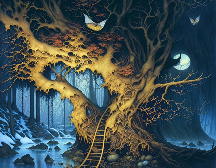 Enchanting nocturnal forest with surreal tree, glowing butterflies, and mysterious ladder.