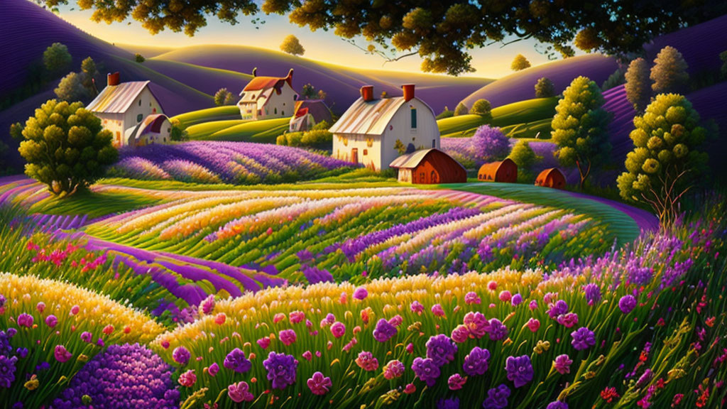 Colorful countryside scene with lavender fields, flowers, houses, and sunset light