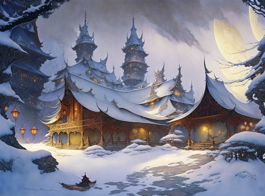 Snow-covered Asian palace under full moon with lanterns & boat