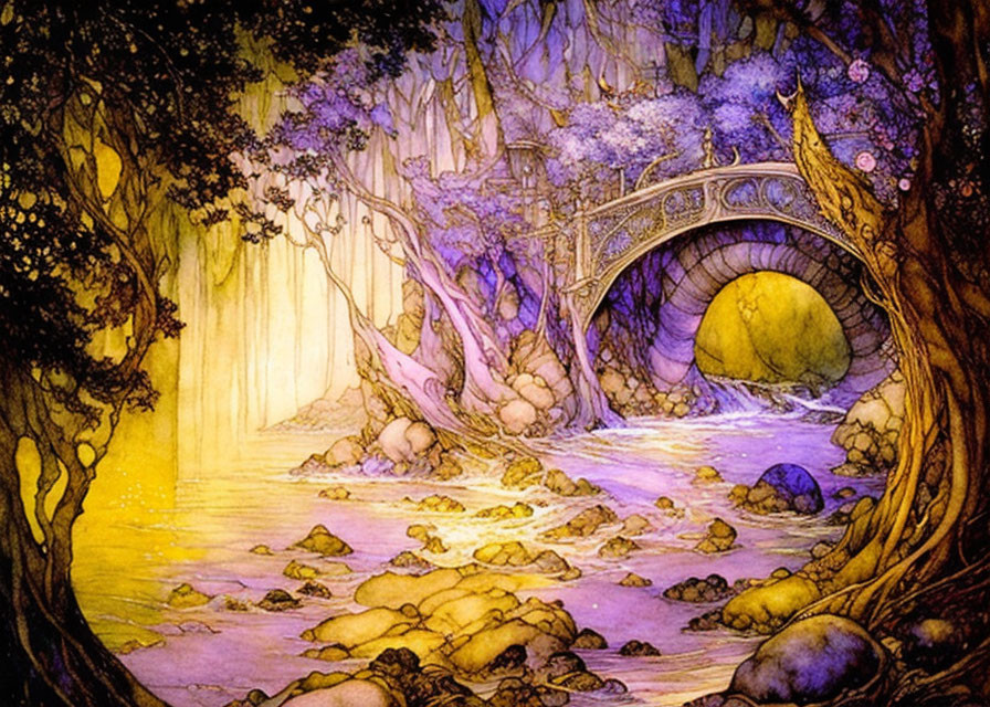 Enchanting forest scene with stone bridge, purple foliage, and golden light