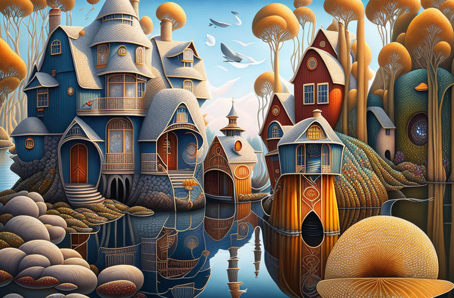 Whimsical Fantasy Village Illustration with Colorful Houses and Autumn Trees