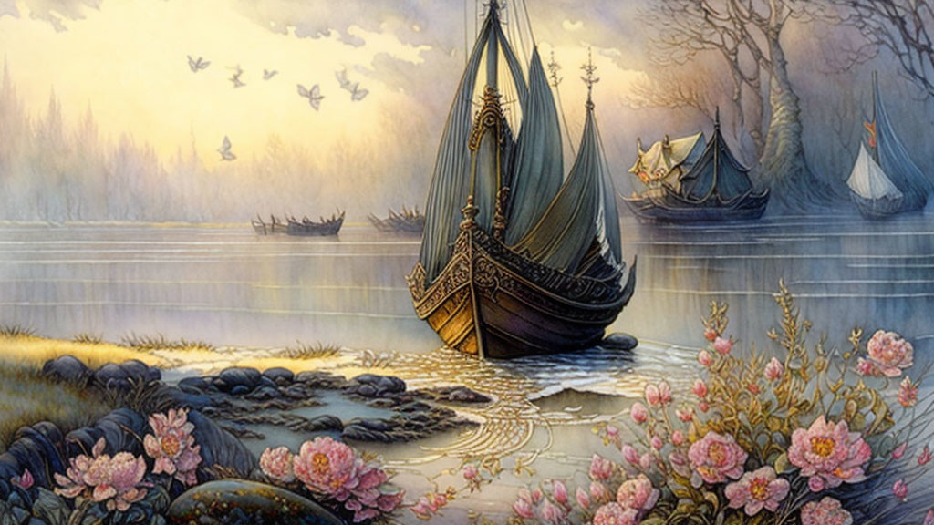 Fantasy artwork: Viking ships on misty river at dawn/dusk with flowers and birds