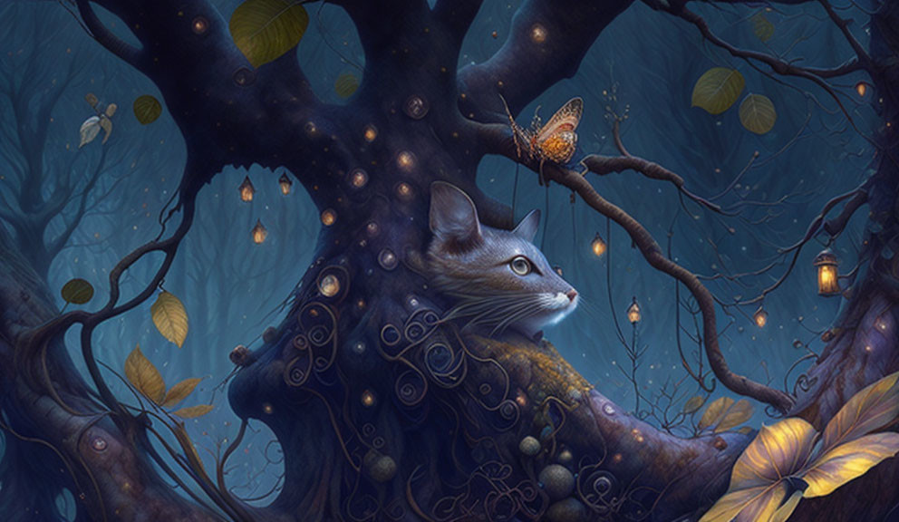 Enchanted forest with cat, lanterns, butterflies, and fireflies