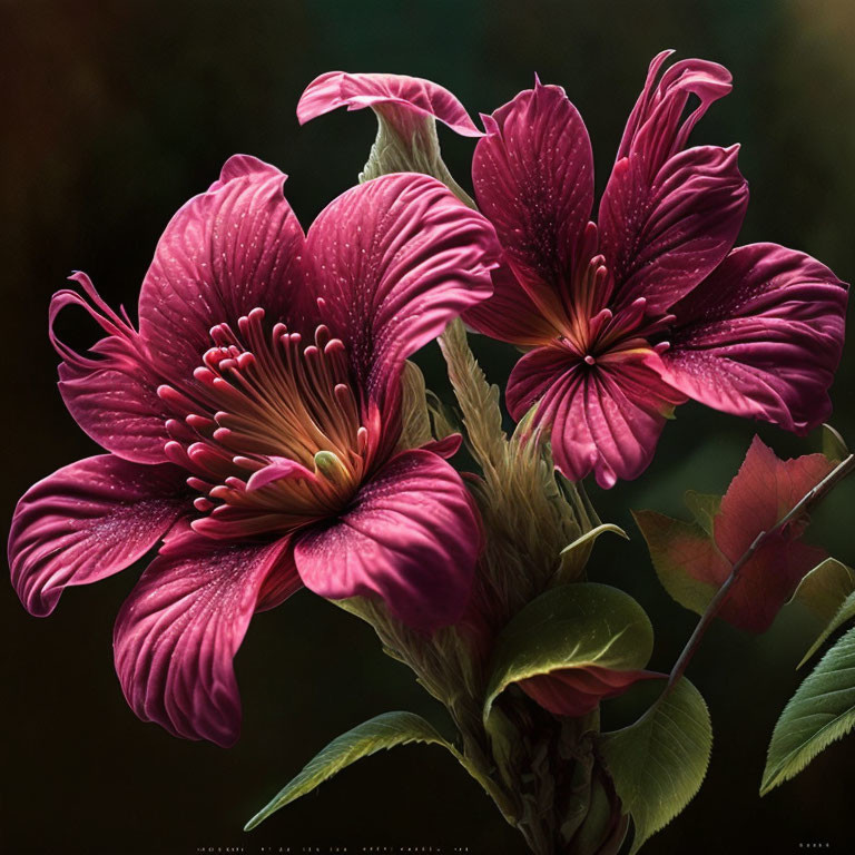 Vibrant pink flowers with stamens and water droplets on dark background