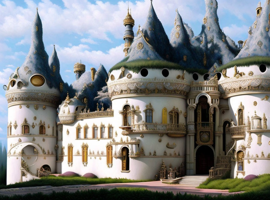 Whimsical Castle with Conical Turrets and Blue Roofs