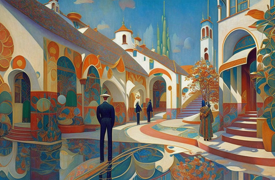 Colorful surreal art: Elongated figures stroll in whimsical, ornate cityscape.