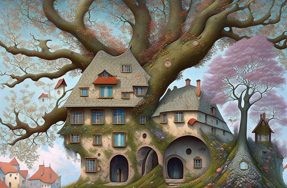 Illustration of Quaint Houses and Giant Tree with Cherry Blossoms