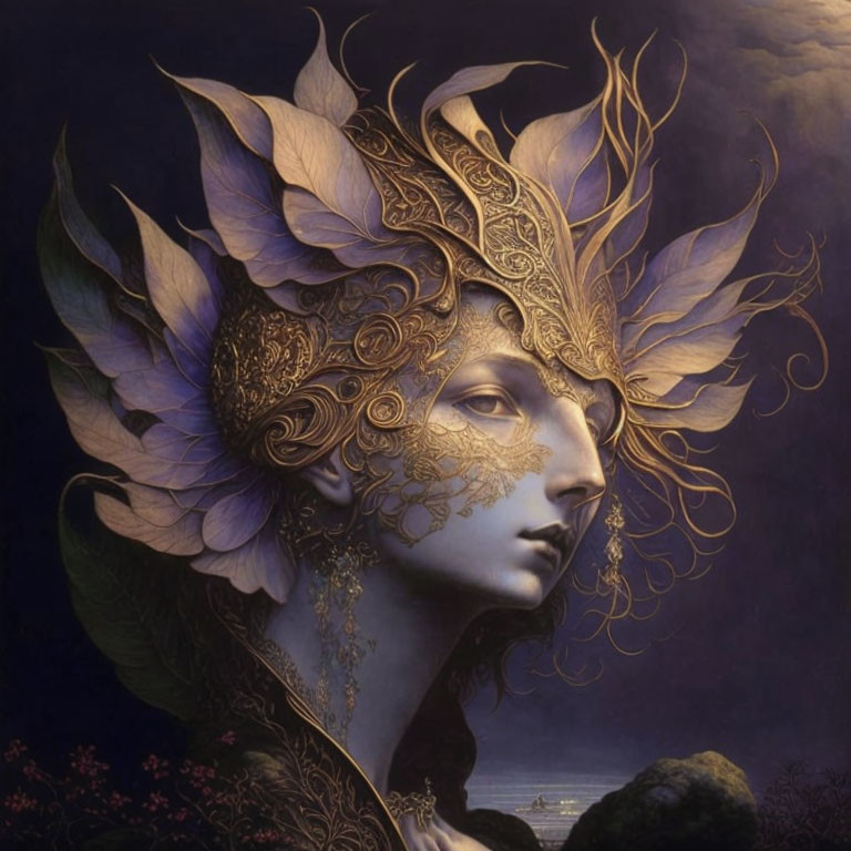 Person with ornate golden headdress and leaf motifs on twilight backdrop