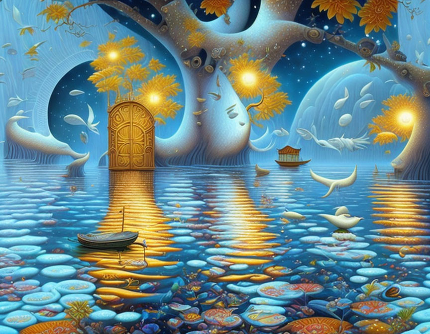 Colorful painting of serene water, stones, boat, and whimsical trees under starry sky