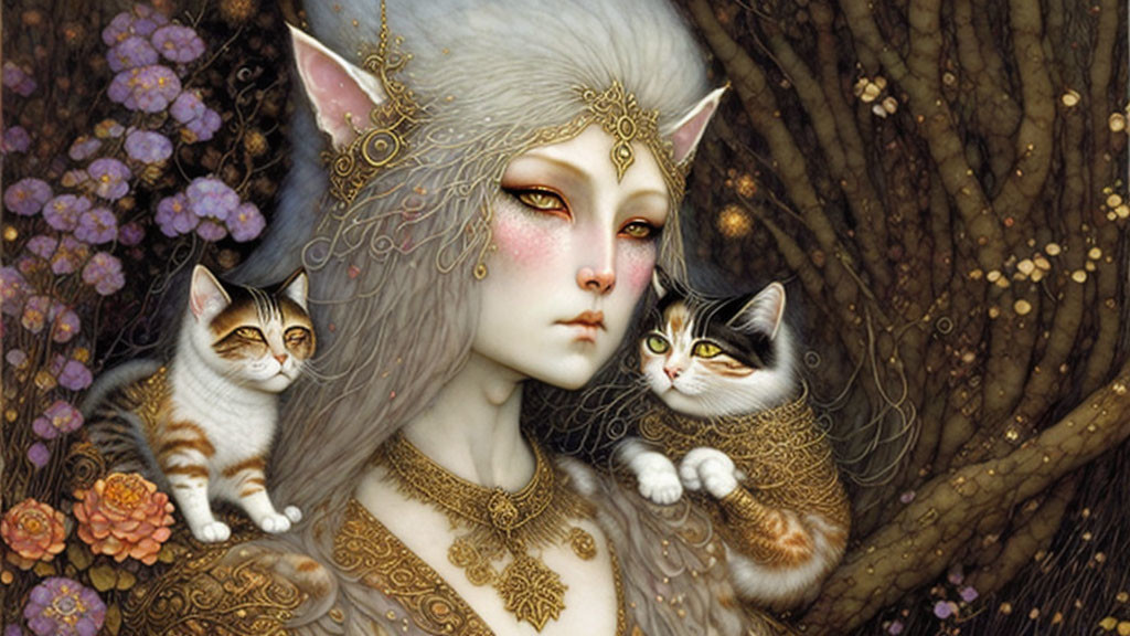 Humanoid Cat Figure with Jewelry Next to Tabby Cats in Woodland Scene