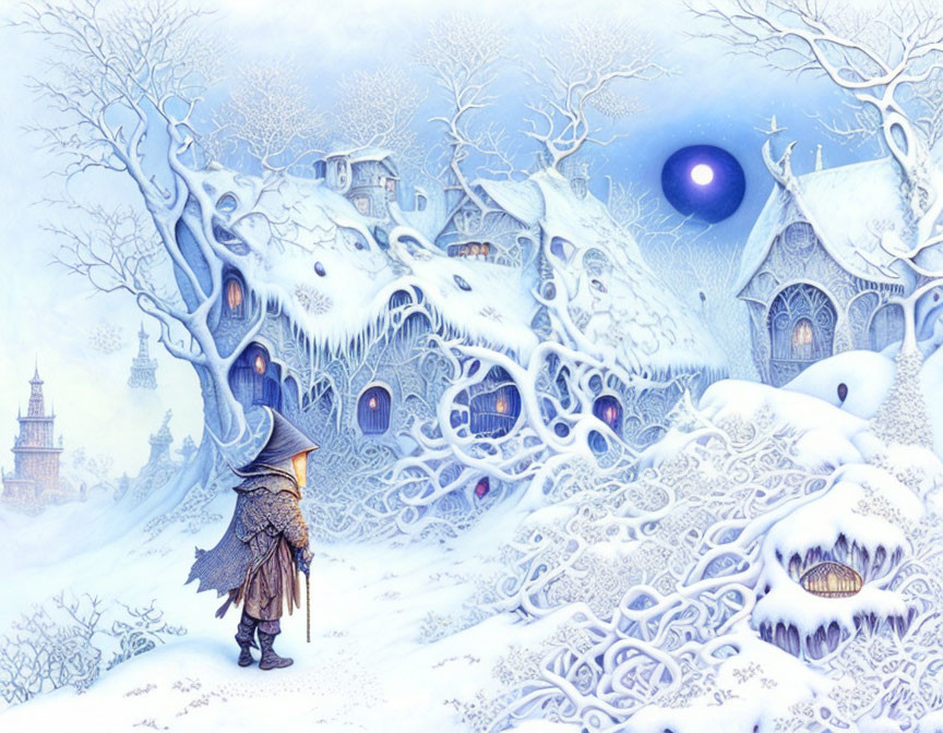 Cloaked Figure in Snowy Landscape with Ice-covered Houses