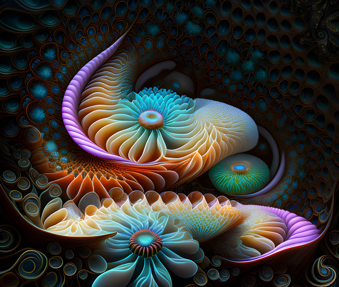 Colorful fractal image with intricate spirals and patterns in blue, orange, and purple.