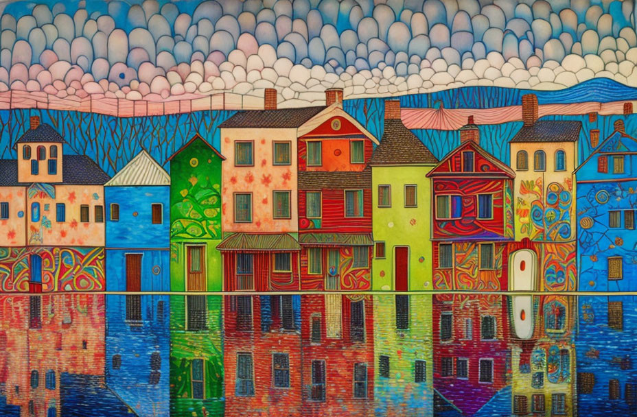 Vibrant village painting with patterned buildings and cloud-filled sky