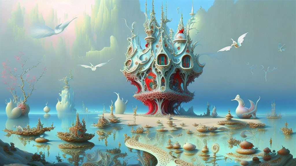Whimsical ornate building in fantastical landscape