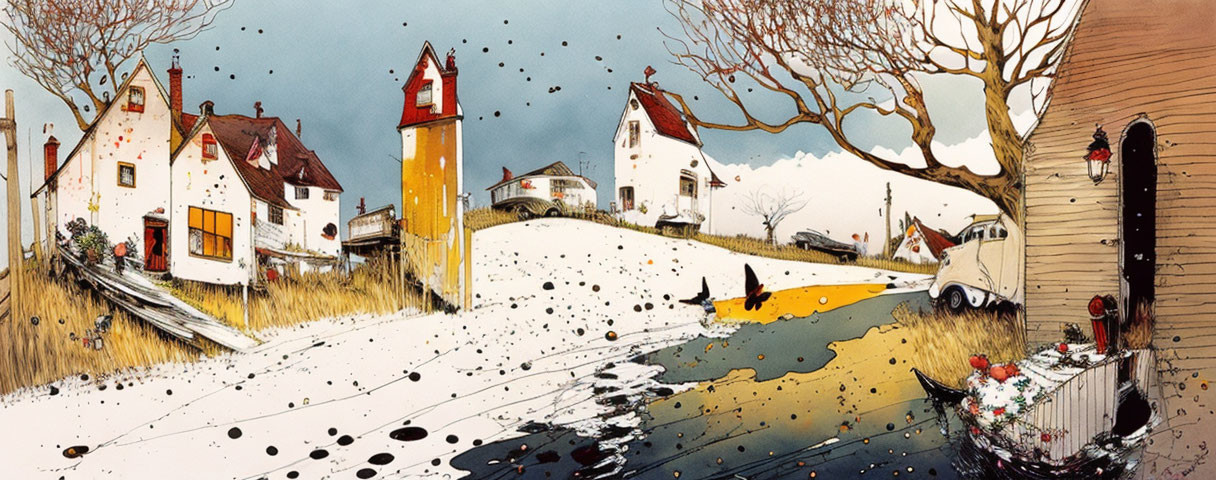 Colorful village panorama with lighthouse and snow splashes