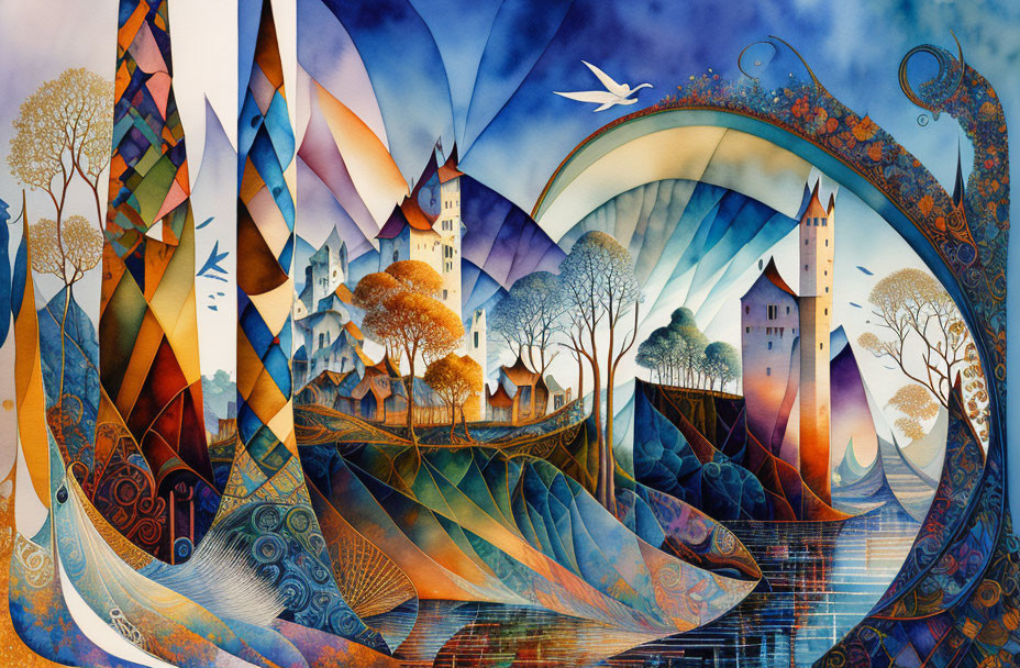 Colorful Stylized Landscape with Trees, Mountains, Castles, and Bird