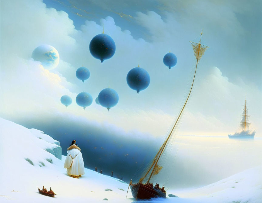 Person in white cloak observes floating spheres above icy landscape with distant ship and star