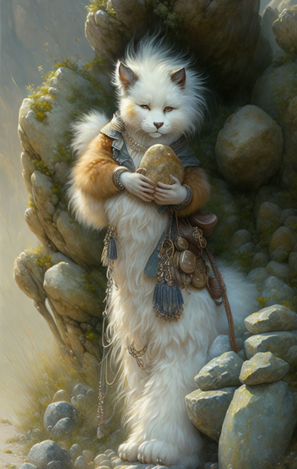 White anthropomorphic cat with stone and vest by rocky outcrop