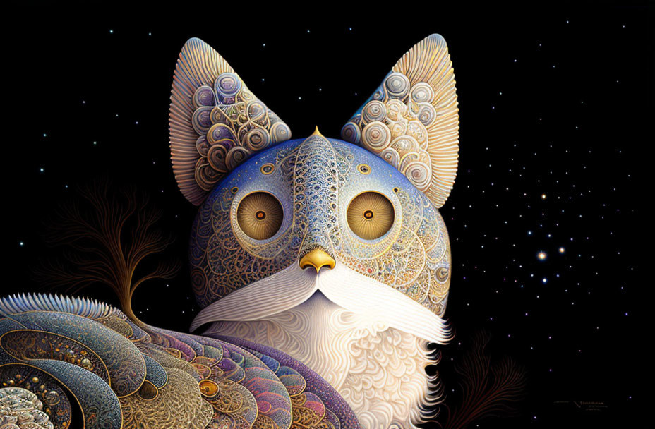 Detailed Owl Artwork with Textures on Starry Night Background