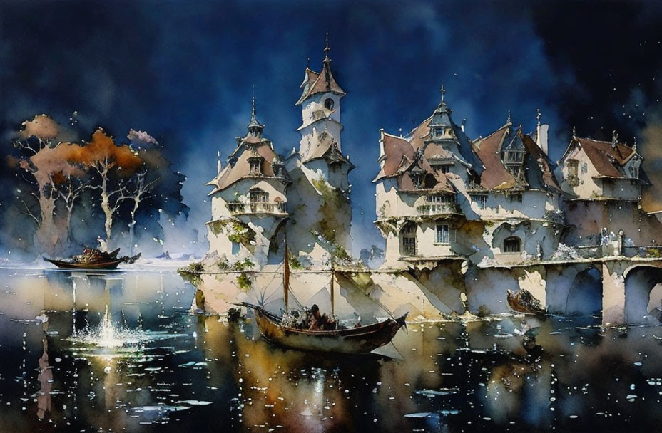 Fantastical multi-turreted castle watercolor painting at night