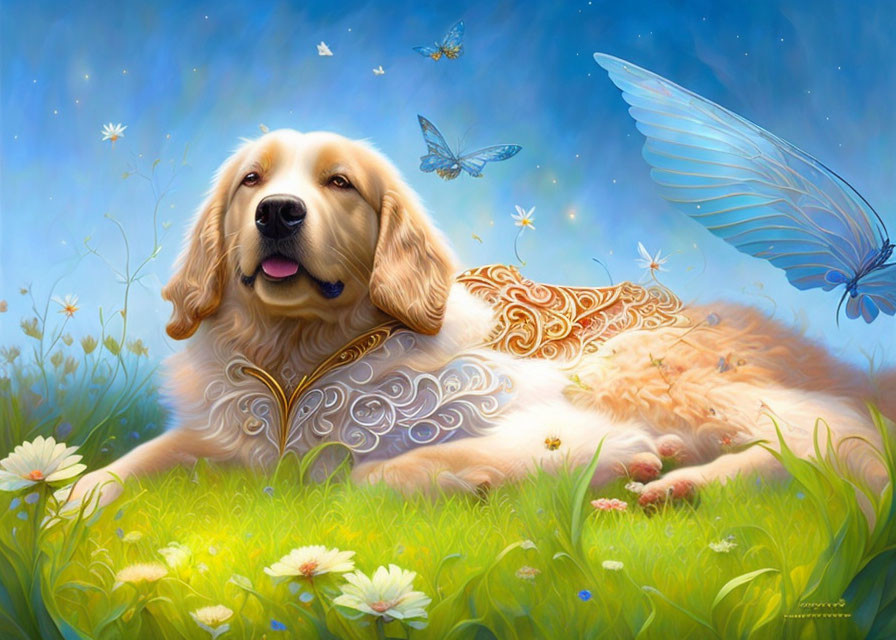 Golden retriever in field with flowers and butterflies under blue sky