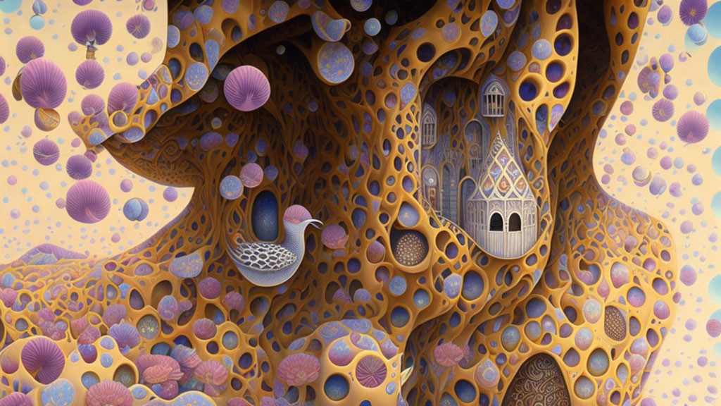 Pastel-colored surreal landscape with mushroom-like structures and honeycomb patterns