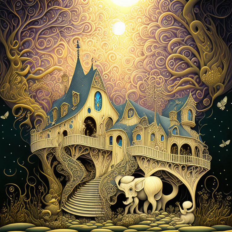 Whimsical treehouse illustration with ornate patterns, elephant, butterflies, and mystical sky