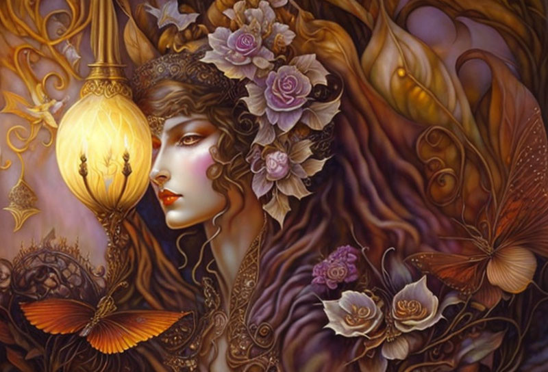 Illustration: Woman with floral headdress, lantern, butterflies, warm hues