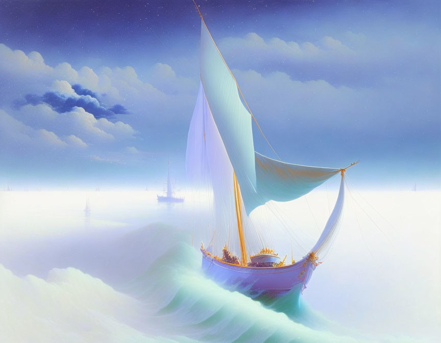 Golden-trimmed ship sailing on clouds with billowing white sails