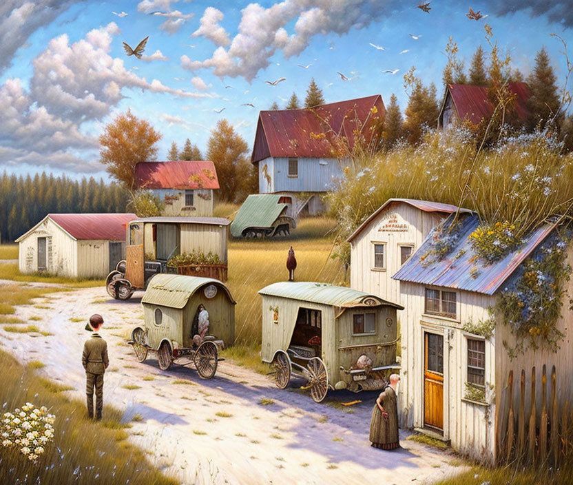 Vintage countryside scene with caravans, old-fashioned attire, farm buildings, vintage car, and flying