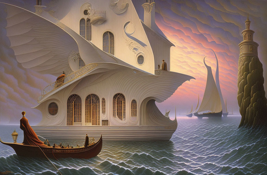 Surrealist painting: Ship, architecture, small boats, lighthouse in orange sky.