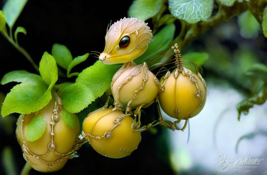 Fantasy creature resembling caterpillar on jewel-encrusted fruit