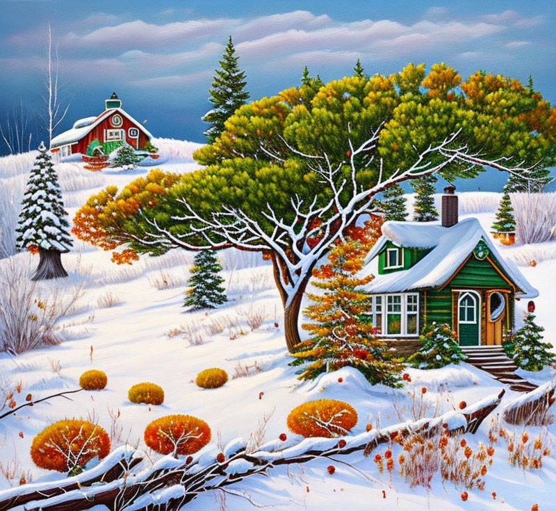 Snowy Winter Landscape with Colorful Houses and Trees