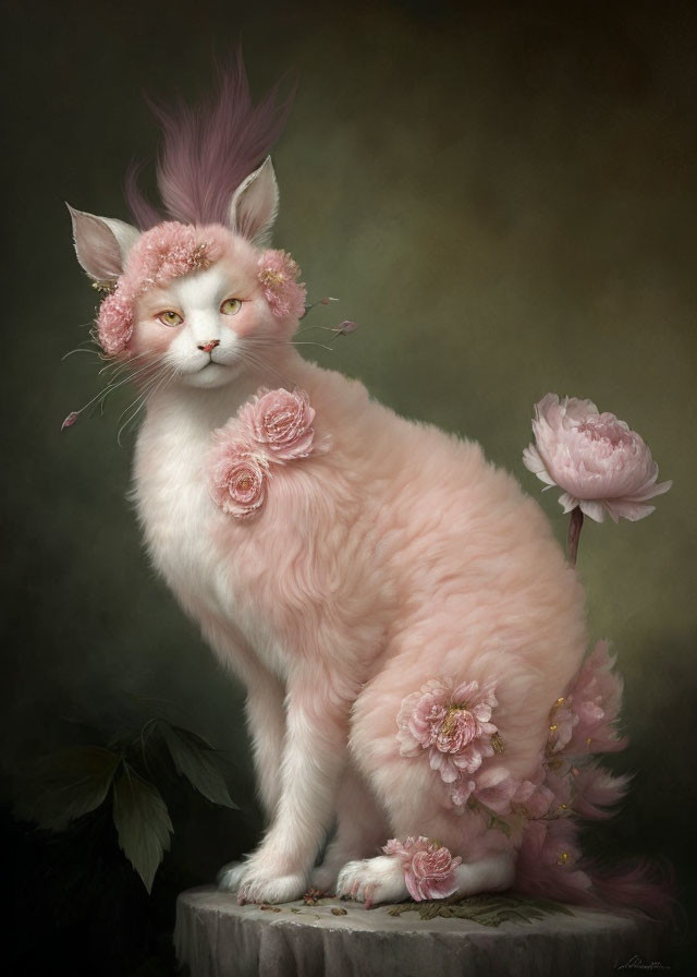 Fluffy pink cat with flowers and pink fur on pedestal