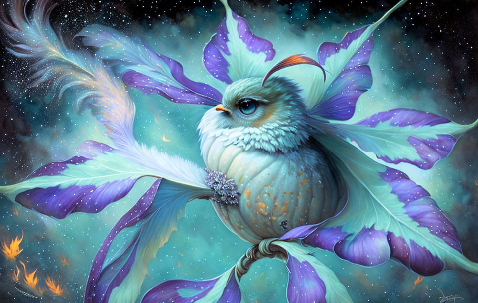 Vibrant purple and blue bird with butterfly-like feathers on starry night background