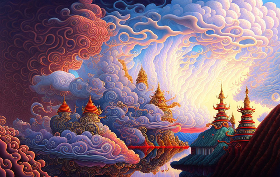 Surreal artwork: swirling clouds, waves, Asian architecture, dragon-like figures