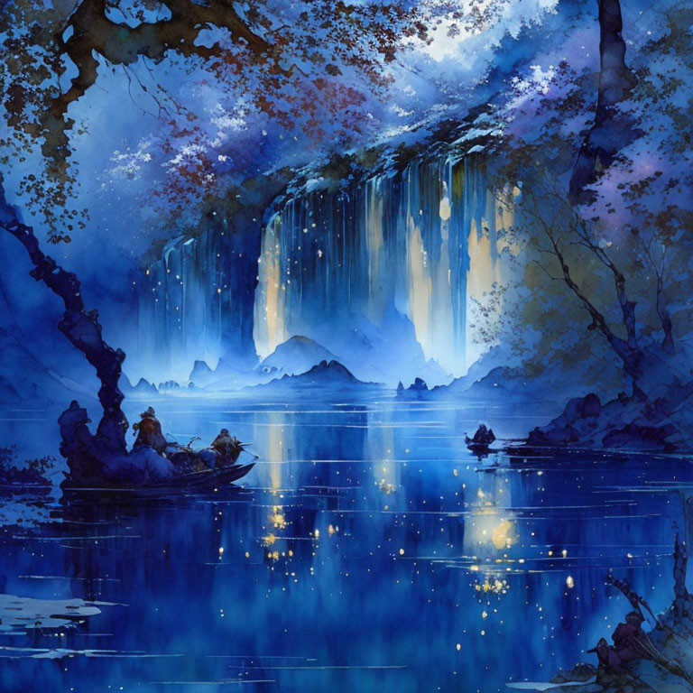 Nighttime Waterfall Scene in Tranquil Blue Watercolor