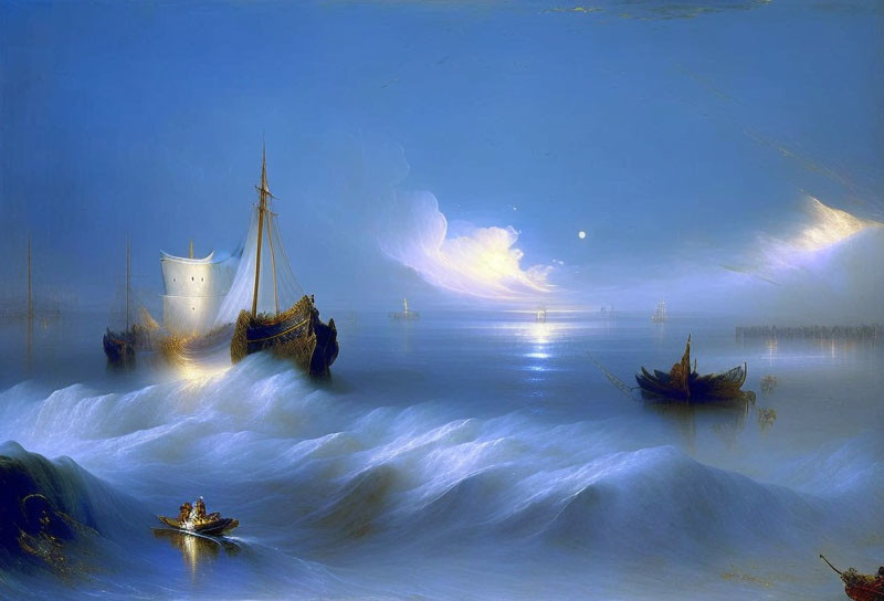 Moonlit Sailboats on Tranquil Blue Waves