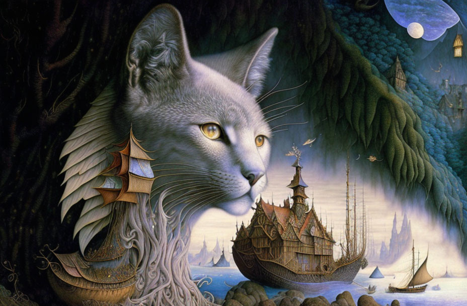 Cat-headed fantasy art: forest, ship, ocean scene