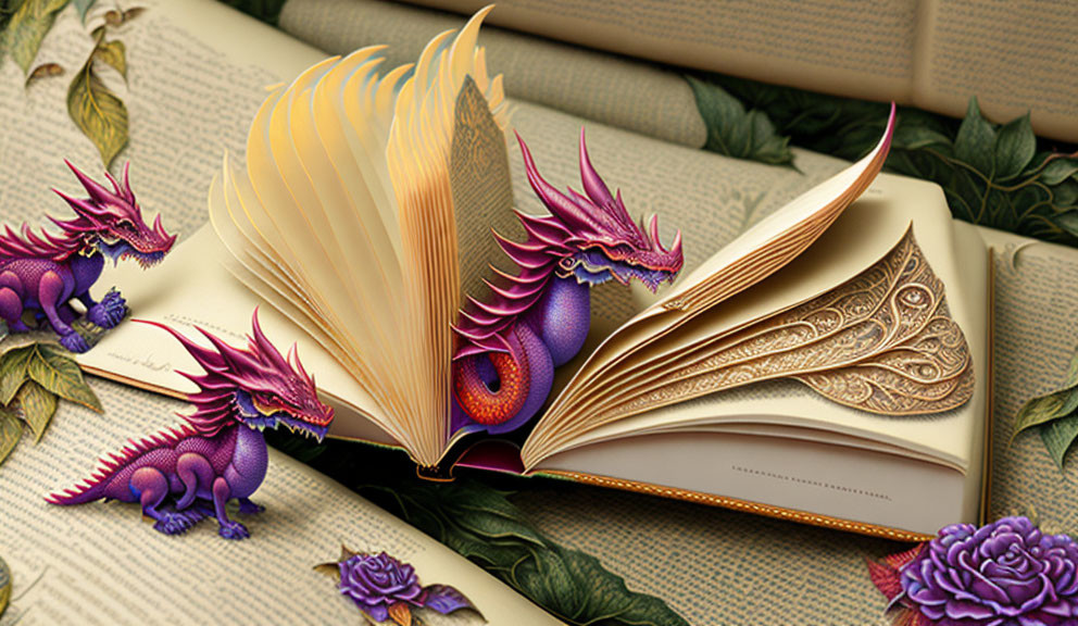 Open Book Transforming into Purple Dragons Among Books and Roses on Textured Surface