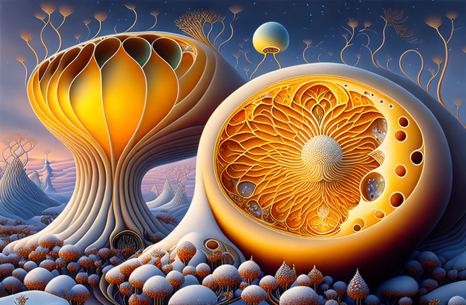 Stylized trees, circular patterns, and floating spheres in surreal twilight landscape